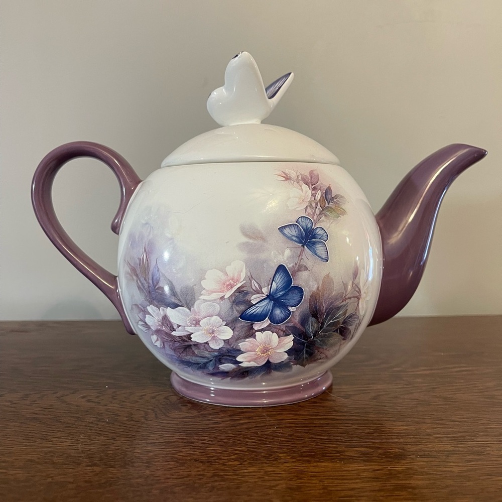 Vintage Lena Liu Floral Butterfly Ceramic Teapot in Lavender and White